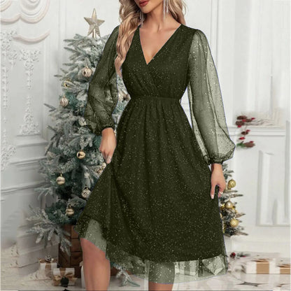 LB | A-Line Mini sukienka wieczorowa z długim rękawem i siateczką V Neck Glitter Party Club Tiulowa sukienka wizytowa z wysokim stanem