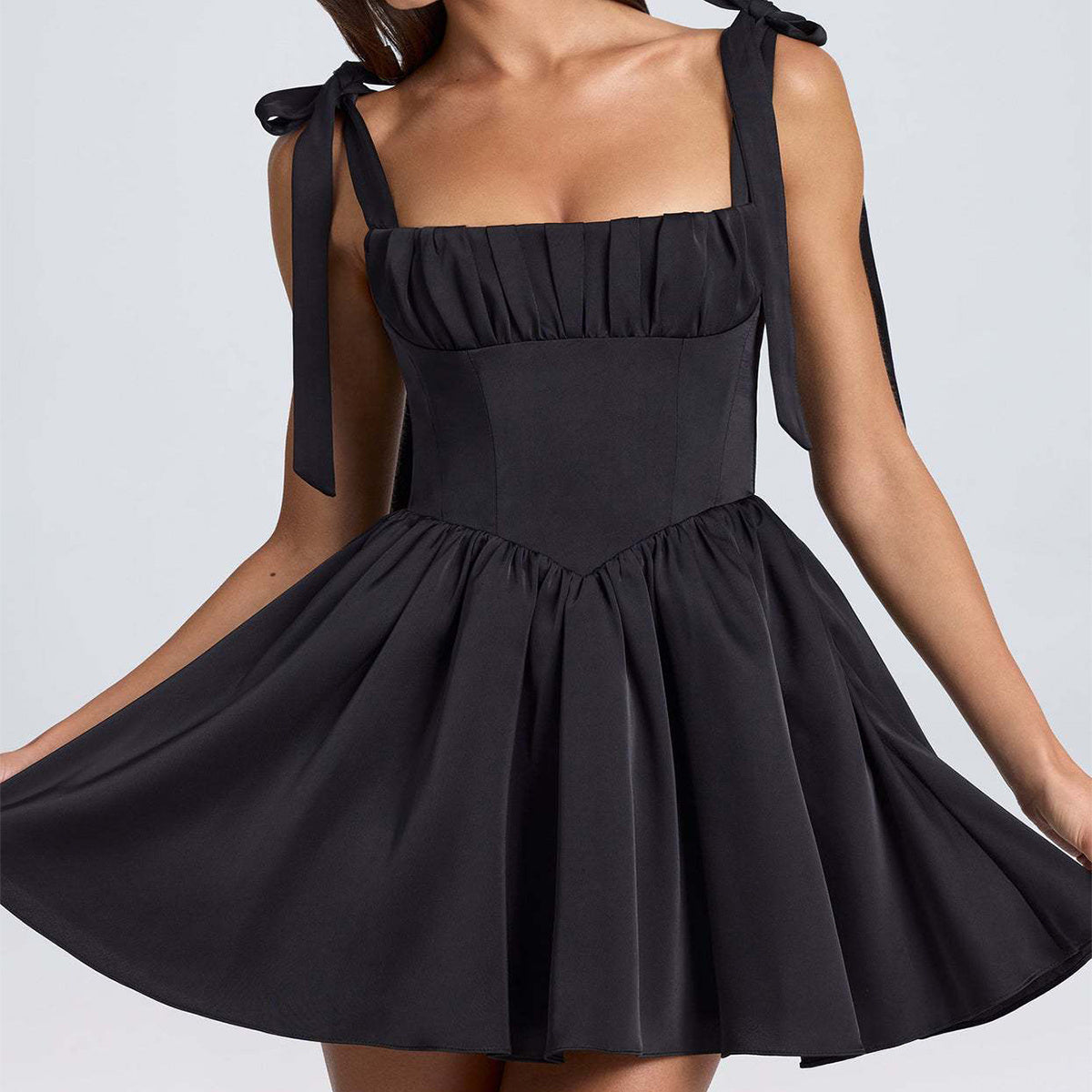 AS | Bow-tied Strap Dress Letní módní Backless Square Collar Vysoký pas krátké šaty Beach oblečení pro ženy