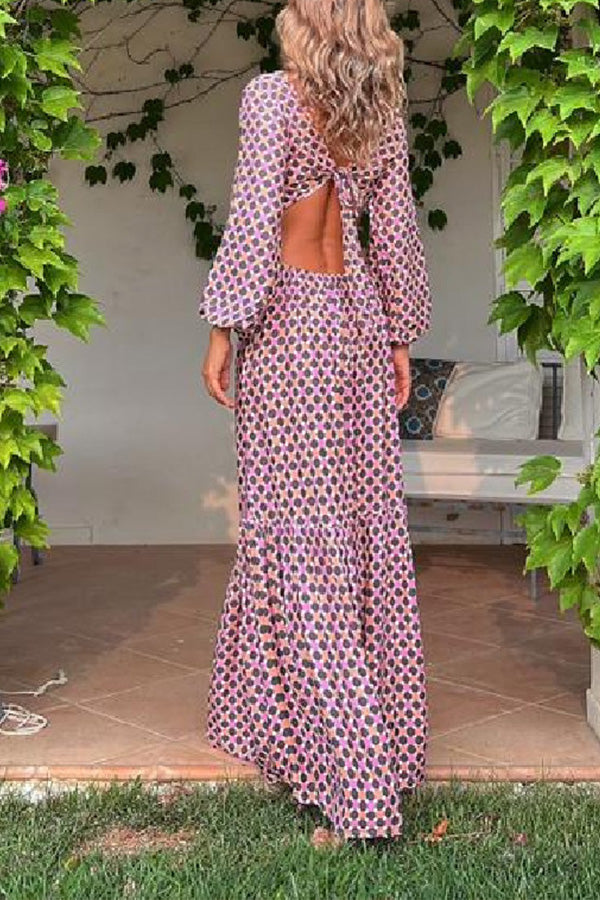 LB | Serene Dreams Printed Side Neckline Elastyczna sukienka maxi w talii