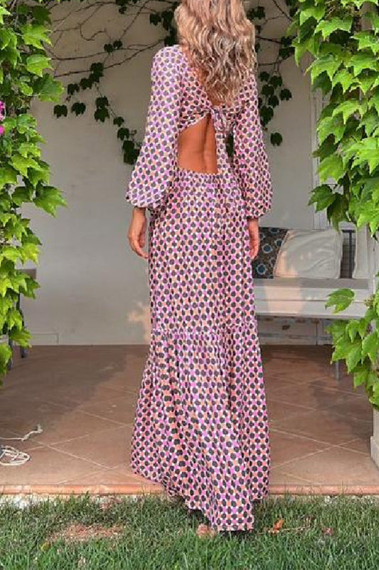 LB | Serene Dreams Printed Side Neckline Elastyczna sukienka maxi w talii