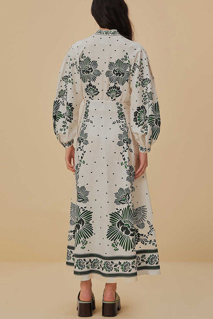 LB | Unique Print Button Down Long Sleeve Shirt Maxi Dress