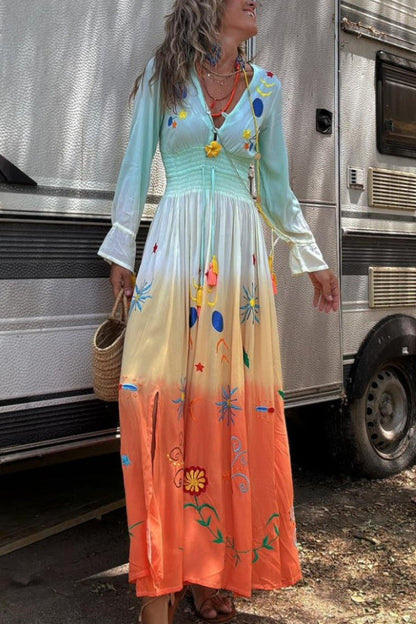 LB | Gigi Unique Pattern Gradient Print Smocked Elastyczna sukienka maxi z frędzlami w talii