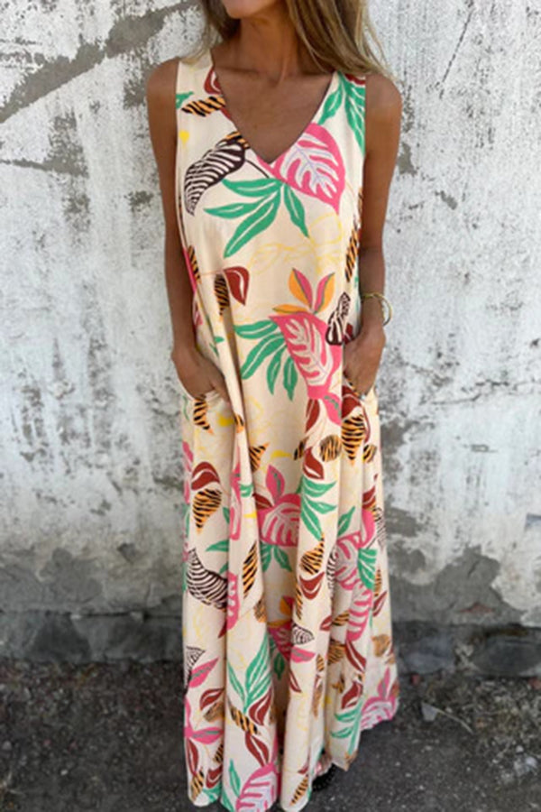 LB | Botaniczny nadruk V-neck torba luźna swobodna sukienka maxi