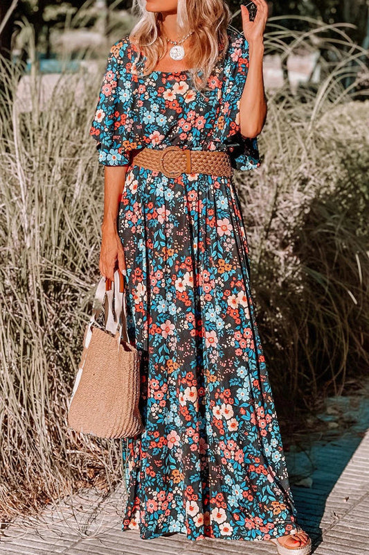 LB | Sky Blue Boho Floral Print Knotted Backless Maxi Dress