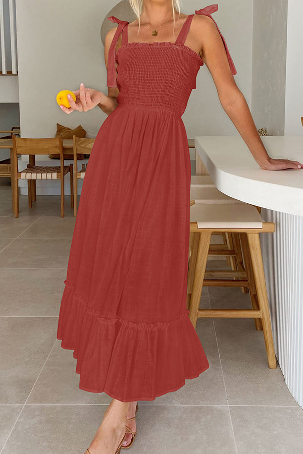 LB | Summer Boho Spaghetti Strap Square Neck Solid Colour Ruffle A Line Beach Long Maxi Dress