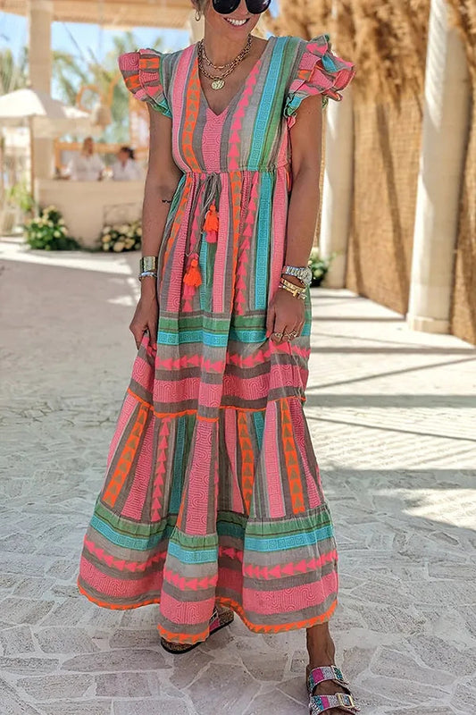 LB | Sunlit Magic Linen Blend Ethnic Print Ruffle Sleeve Tassel Maxi Dress