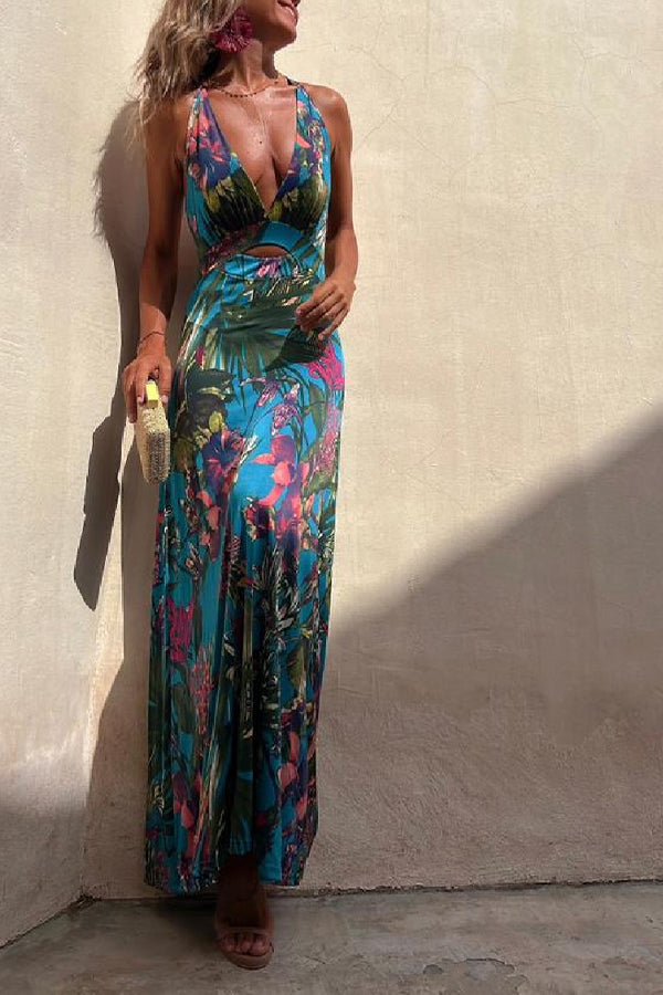 LB | RAINFOREST PARADISE TROPICAL PRINT DEKOLT W SZPIC Z TYŁU ELASTYCZNA SUKIENKA MAXI