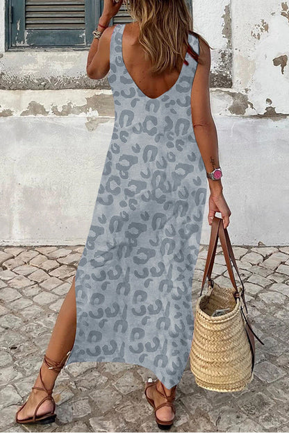 LB | Grey Casual Leopard Print Boczne rozcięcia Tank Maxi Dress