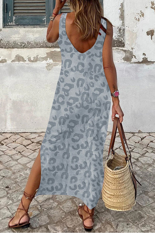 LB | Grey Casual Leopard Print Boczne rozcięcia Tank Maxi Dress