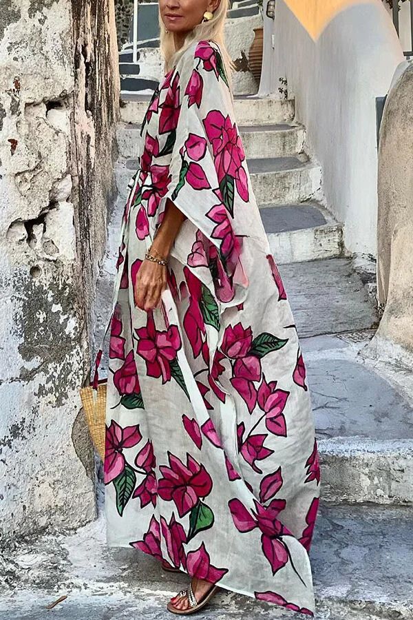 LB | Floral Print Dolman Sleeve with Belt Luźna sukienka maxi