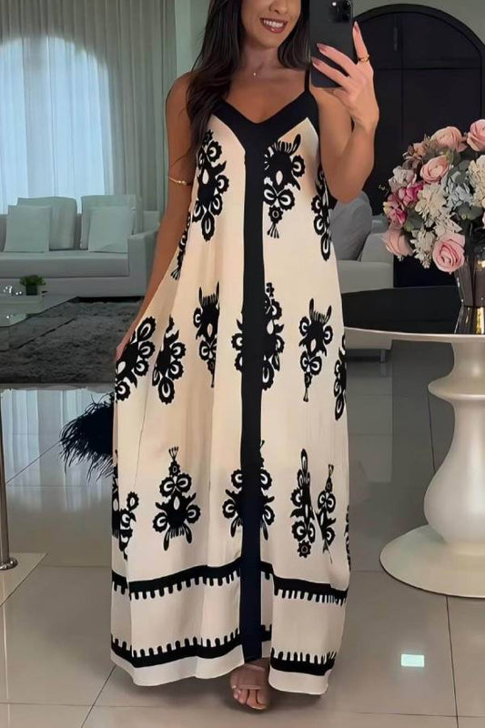 LB | Elegancka patchworkowa sukienka maxi w etniczny wzór