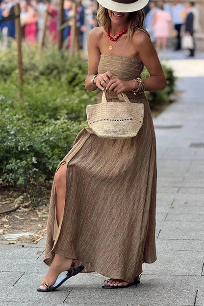 LB | Retro Unique Stripe Print Ruffled Slit Linen Maxi Dress