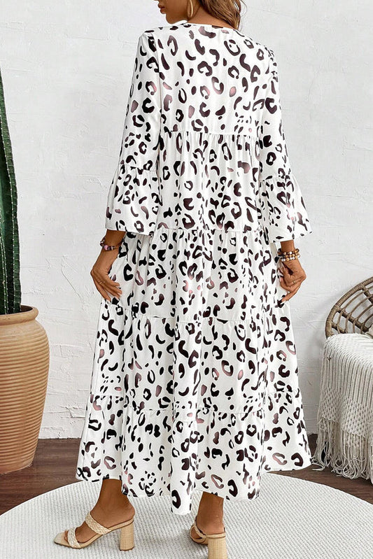 LB | White Leopard Print Notch V Neckline Loose Fit Maxi Dress