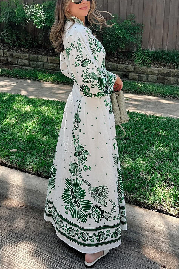 LB | Unique Print Button Down Long Sleeve Shirt Maxi Dress
