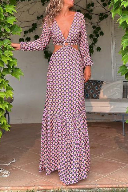 LB | Serene Dreams Printed Side Neckline Elastyczna sukienka maxi w talii