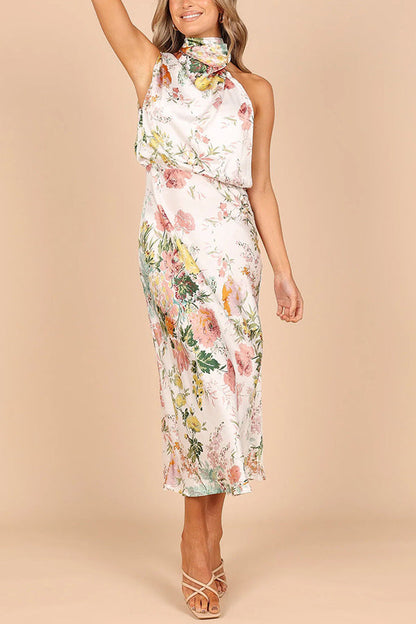LB | Wine Country Dates Floral Halter Neck Elastyczna sukienka maxi w talii