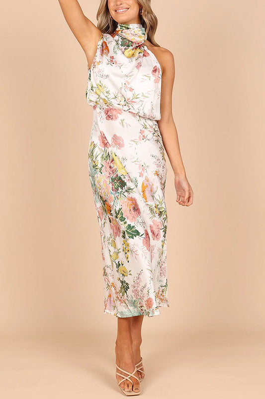 LB | Wine Country Dates Floral Halter Neck Elastyczna sukienka maxi w talii