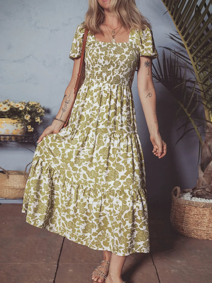 AS | Boho květinové čtvercové výstřih Smocked Bust Puff Sleeve Tiered šaty