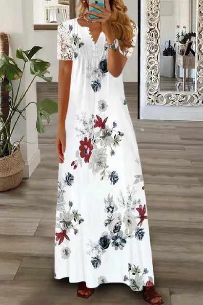 LB | Boho Floral V Neck Button Lace Sleeve Holiday Beach Maxi Dress