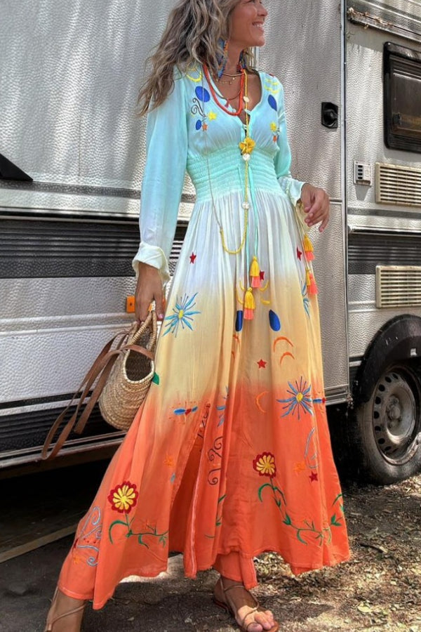 LB | Gigi Unique Pattern Gradient Print Smocked Elastyczna sukienka maxi z frędzlami w talii