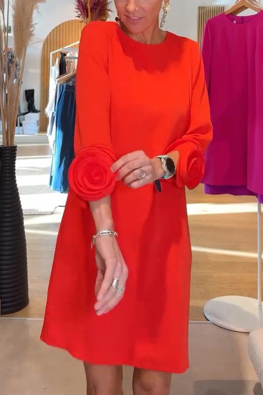 LB | Meina Kwiatowe mankiety Okrągły dekolt Kieszeń Casual Mini Sukienka