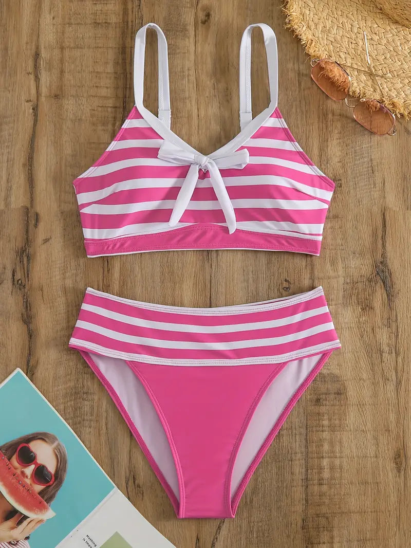 LB | Seksowne bikini w paski z kokardką w dekolcie V