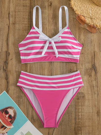LB | Seksowne bikini w paski z kokardką w dekolcie V