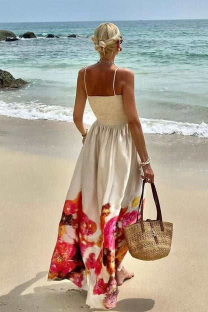 LB | Hidden Garden Satin Floral Print Smocked Off Shoulder Maxi Dress