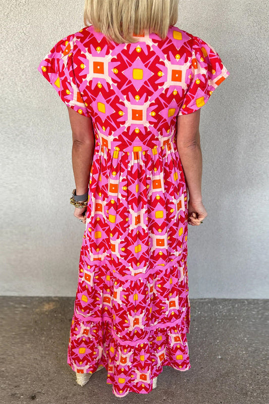 LB | Strawberry Pink Abstrakcyjny nadruk plisowana sukienka maxi z falbanami na rękawach