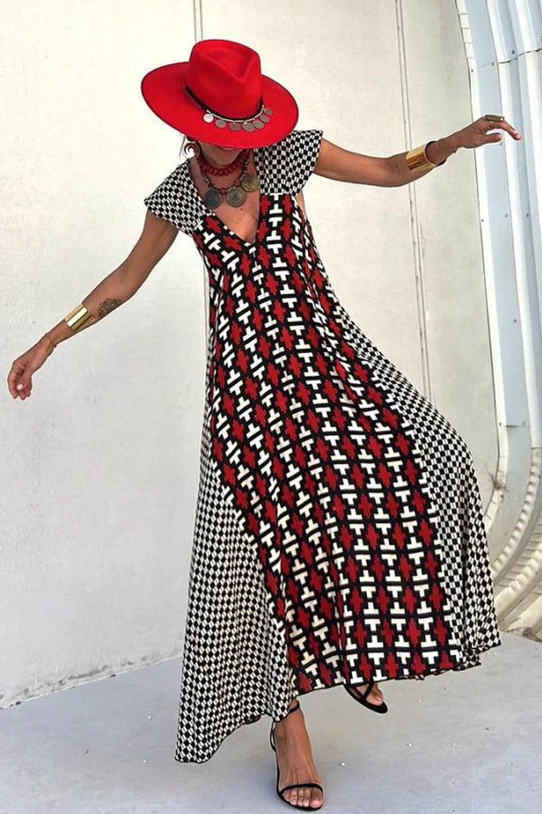 LB | Fresh Breeze Ethnic Unique Print Ruffle Sleeve A-Line Maxi Dress