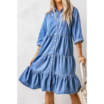 LB | Mini sukienka chambray z falbankami i zapięciem na guziki w kolorze denimu