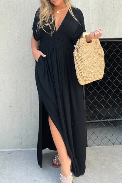 LB | My Treasure Kimono Sleeve Smoke Detail Slit Maxi Dress
