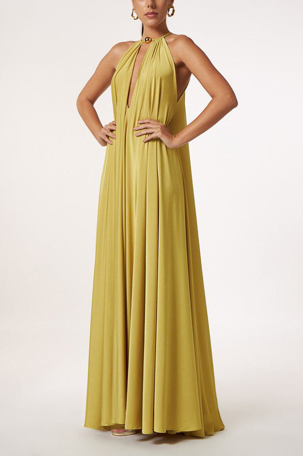 LB | Greek Goddess Unmistakable Golden Halter Neck A-line Maxi Dress