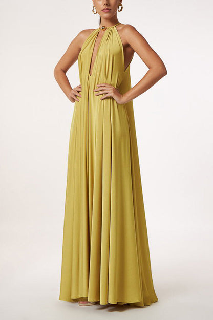 LB | Greek Goddess Unmistakable Golden Halter Neck A-line Maxi Dress