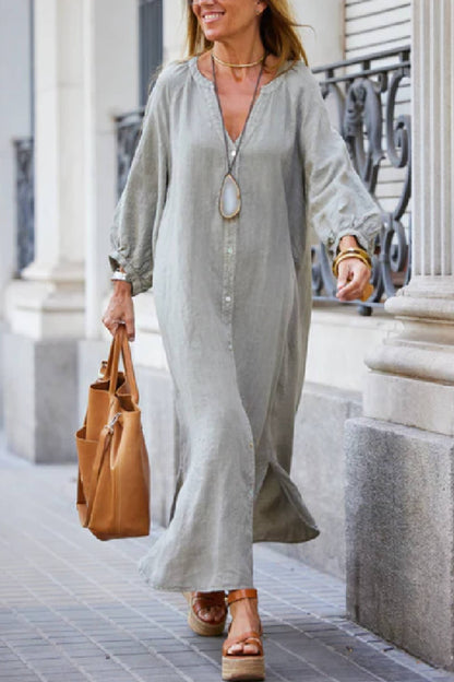 LB | Lniana sukienka casual z balonowym rękawem i dekoltem w serek Maxi Dress