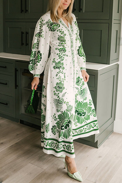 LB | Unique Print Button Down Long Sleeve Shirt Maxi Dress