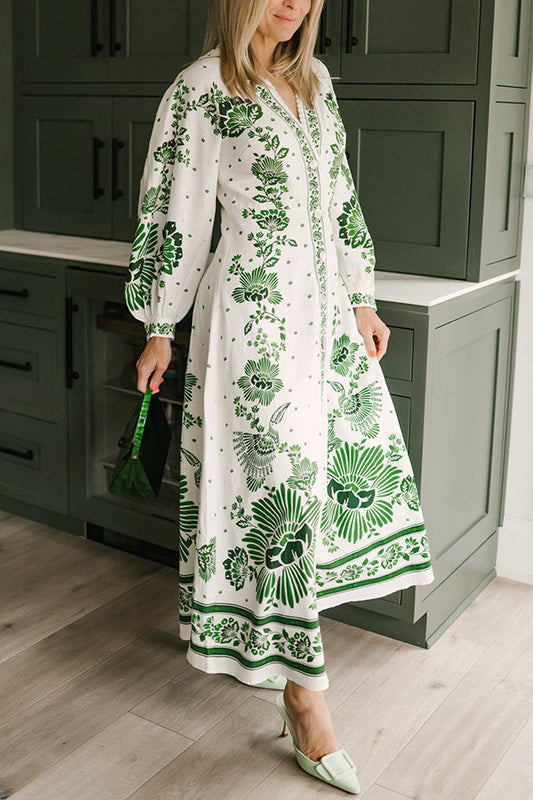 LB | Unique Print Button Down Long Sleeve Shirt Maxi Dress