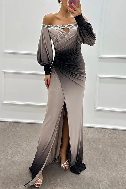 LB | Julieta Gradient Print Boat Neck Off Shoulder Gemstone Detail Slit Dress Maxi Dress
