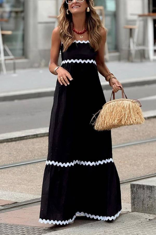 LB | Bayside Beauty Wave Trim Patchwork Back Smocked Suspender Maxi Dress