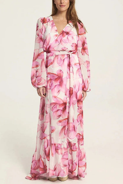 LB | Island Girl Floral Print V-Neck Long Sleeve Tie Slit Holiday Maxi Dress