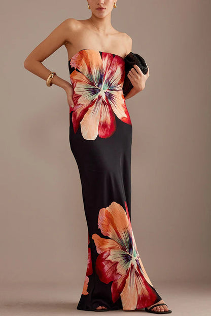 LB | Charming Lady Satin Floral Print Bandeau Luźna sukienka maxi