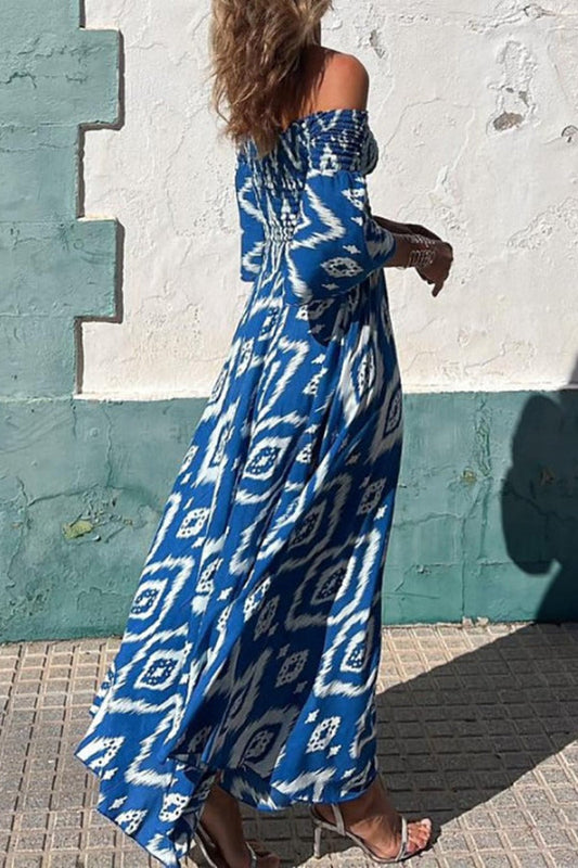LB | Close To The Vacation Ethnic Print Smocked Off Shoulder Pocketed Maxi Dress