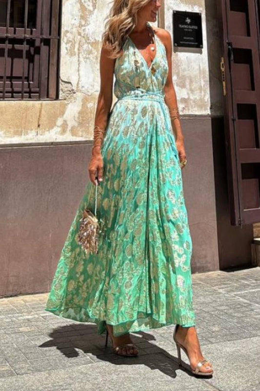 LB | Bianca Tie-dye Ombre Gold Floral Print A-Line Halterneck Maxi Dress