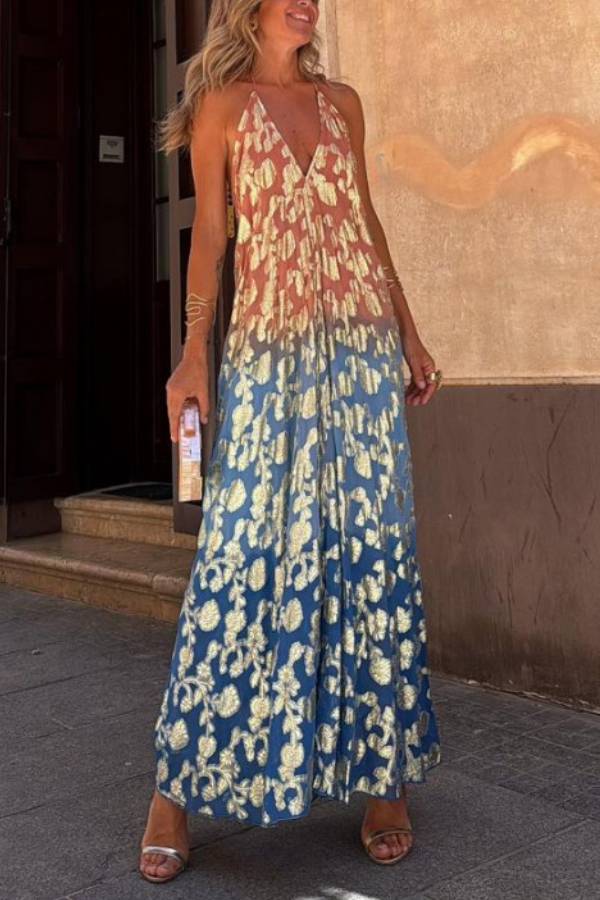 LB | Bianca Tie-dye Ombre Gold Floral Print A-Line Halterneck Maxi Dress