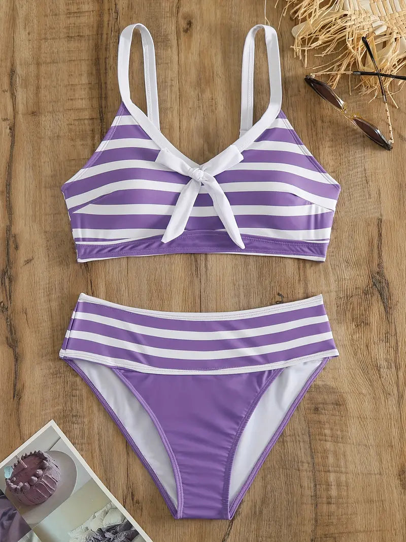 LB | Seksowne bikini w paski z kokardką w dekolcie V