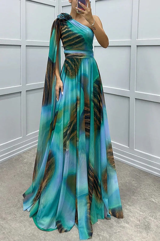 LB | Lucia Unique Print Floral Detail One Shoulder Draped Sleeve Dress Maxi Dress