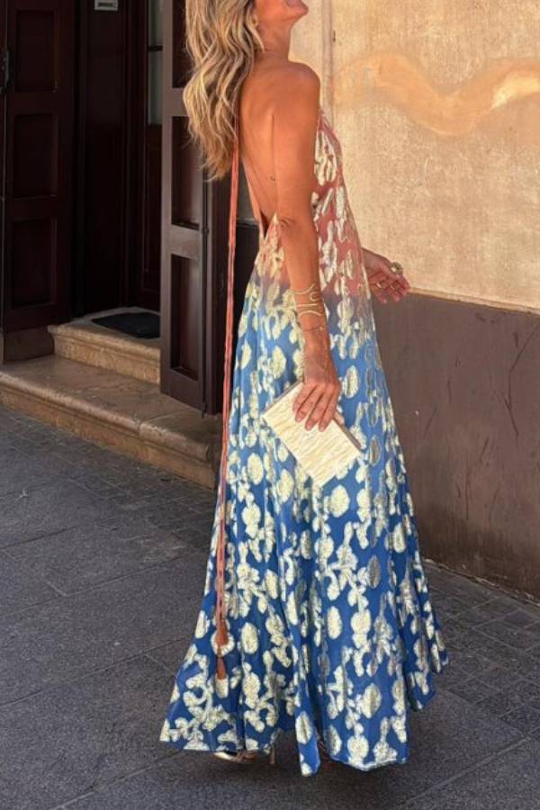 LB | Bianca Tie-dye Ombre Gold Floral Print A-Line Halterneck Maxi Dress