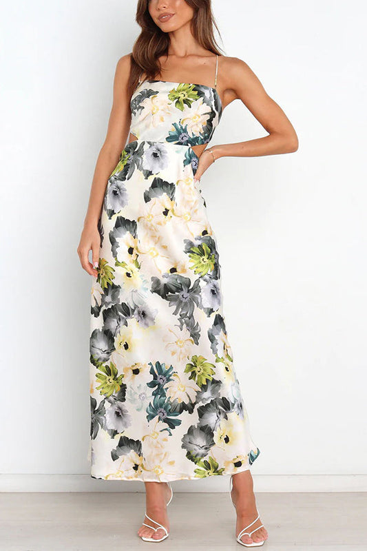 LB | Garden Party Floral Satin Cut Out Back Lace Up Maxi Dress