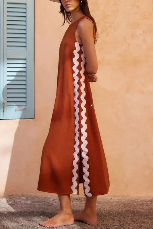 LB | Vacation Villa Side Ric Rac Wave Trim Slit Luźna sukienka maxi