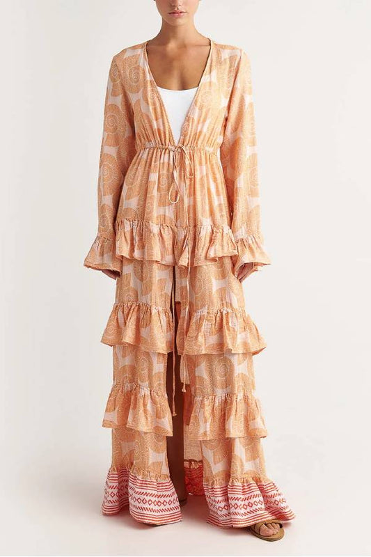 LB | Soleil Shell Print Drawstring Waist Striped Ruffle Cover-up Maxi Dress